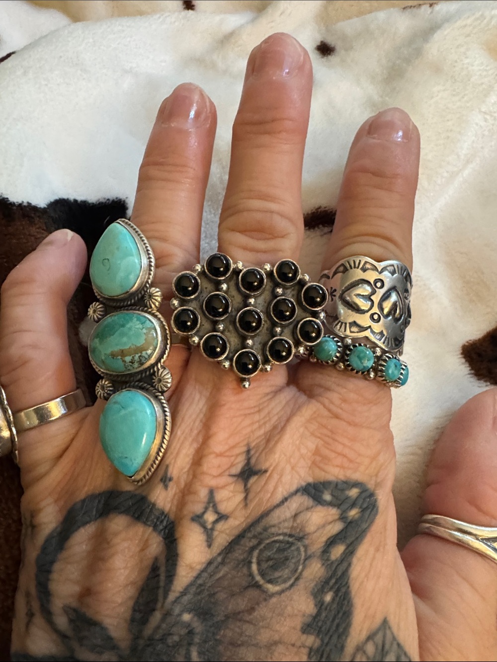 Sterling Silver Turquoise Cluster Statement Ring - black onyx